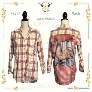 One24 Rags Long Sleeve Pearl Button Up Plaid Gingham Rooster Graphic Women's M
